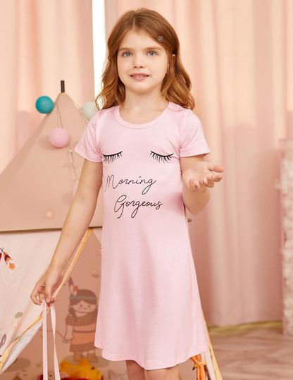 Arshiner Nachthemd Mädchen Kurzarm Pyjamas Kinder Schlafkleid Katze Einhorn Rundhals Nachtkleid 4-12 Jahre