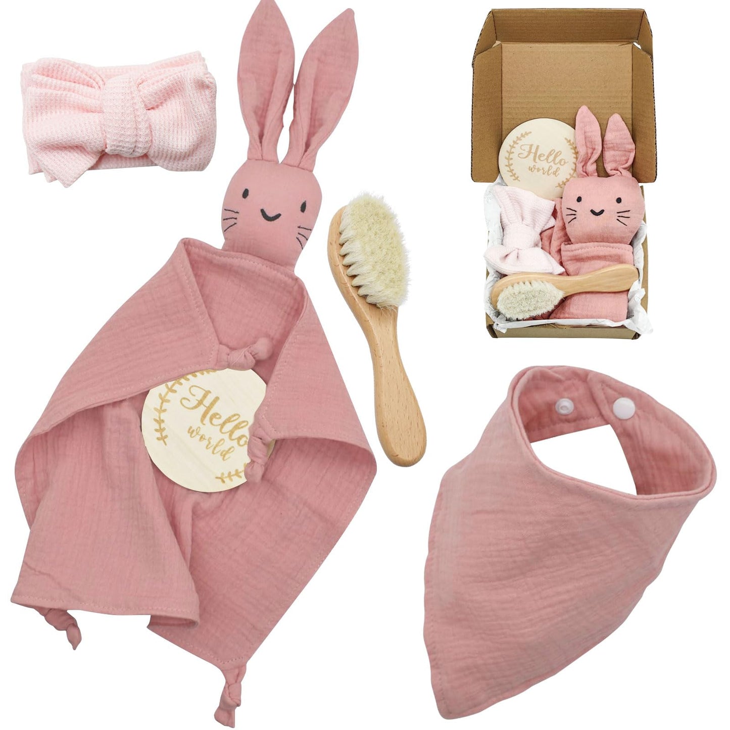 YTACREA Schmusetuch Baby, Baby Geschenk Mädchen Junge Personalisierte Geschenk Neugeborenen mit Schmusetuch, Lätzchen, Turban, Meilensteinkarten, Bürsten und Socken, Khaki