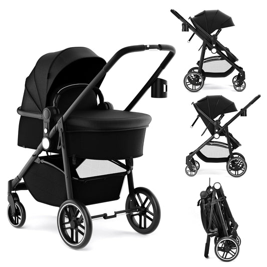 DREAMADE Kinderwagen klappbar, 3 in 1 Buggy mit umkehrbarem Sitz, Verdeck, Aufbewahrungskorb, Becherhalter & 5-Punkt-Sicherheitsgurt, Reisebuggy für Baby 0-6 Monate (Schwarz)