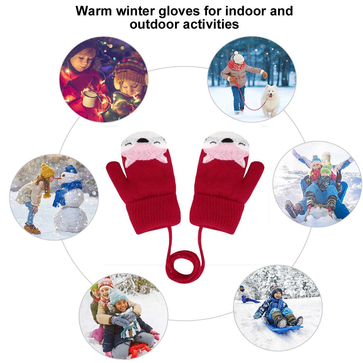 Kids Winter Gloves Mittens Baby Cartoon Mitten Neck Gloves Thick Double Knitted Glove with Plush,0 - 3 years old, Playing, Running, Skiing