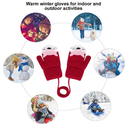 Kids Winter Gloves Mittens Baby Cartoon Mitten Neck Gloves Thick Double Knitted Glove with Plush,0 - 3 years old, Playing, Running, Skiing