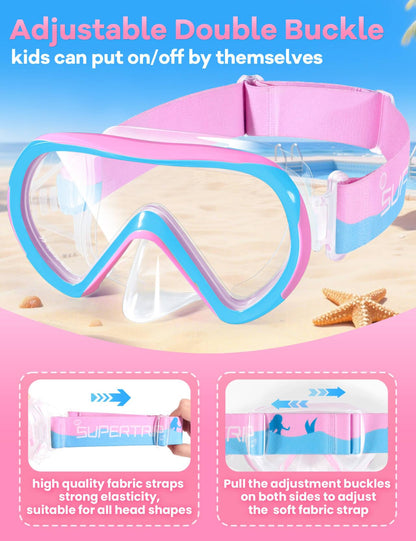 Supertrip Taucherbrille Kinder mit Stoffband,Schwimmbrille Kinder fur Mädchen Jugen,Gehärtetes Glas Schnorchelmaske Kinder mit Nase,180°Panorama Tauchmaske Schwimmmaske Kinder Anti-Leck fur 6-14 Jahre