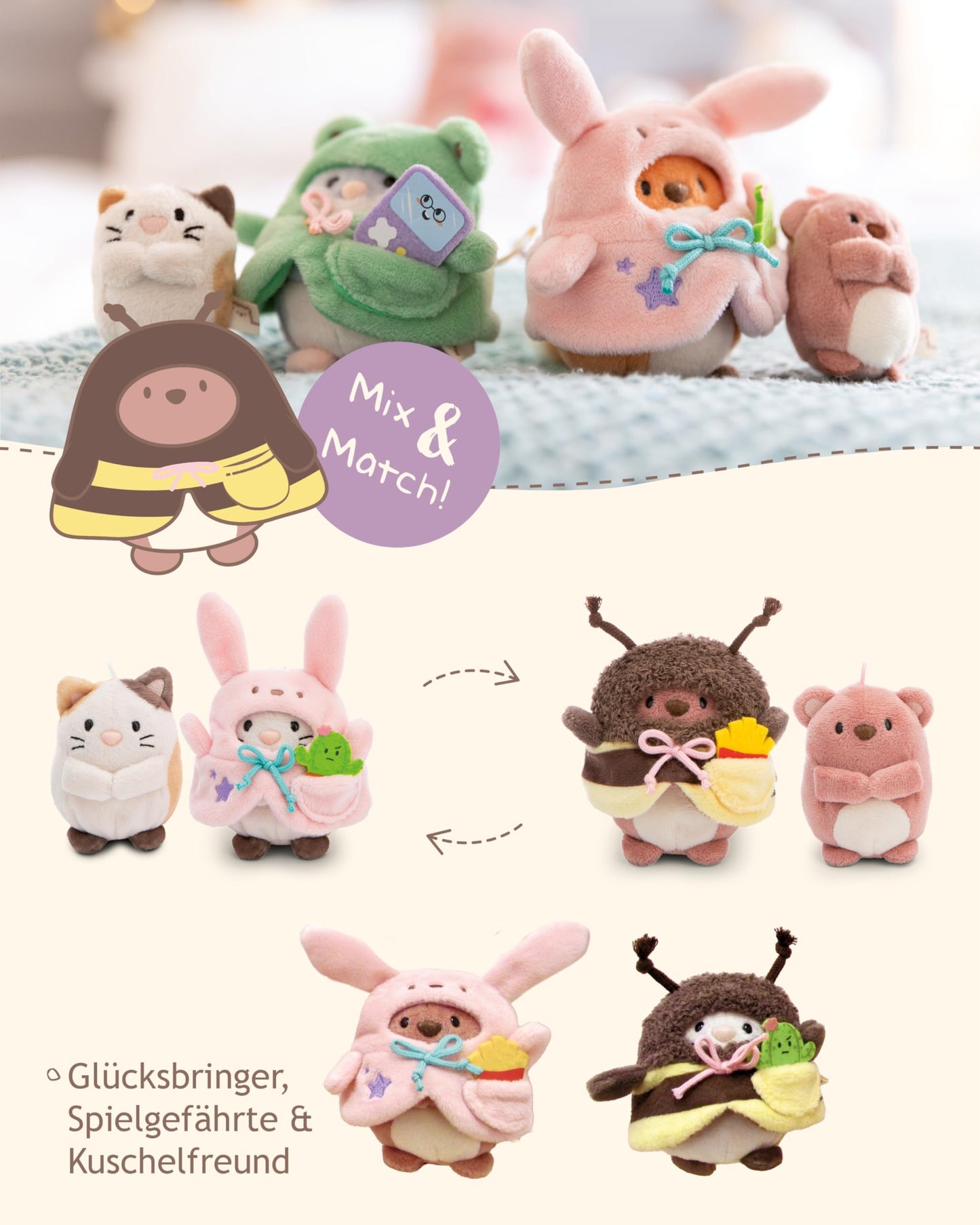 NICI MYMOCHI Kuscheltier Set - Kuscheltier Bär Nomo 8 cm mit Pommes und Bienenkostüm in Geschenkbox, Flauschiges Stofftier zum Kuscheln, Spielen und Liebhaben - 61142
