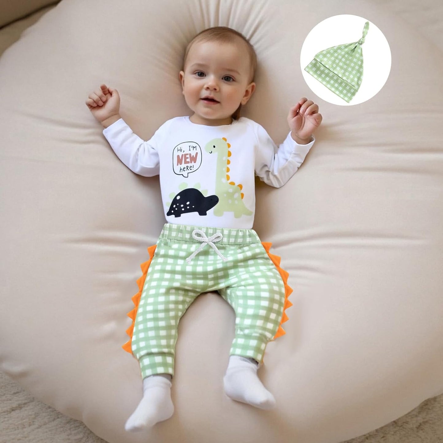 Hallo Ich bin neu hier Neugeborene Baby Jungen Kleidung Set Dinosaurier Print Langarm Bodysuit und Hosen Baumwolle Baby Kleidung Set Herbst Winter Kleidung Sets für Baby Jungen Outfits