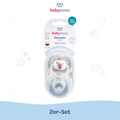 babynova Silikon Schnuller 2er-Set mit Sterilisationsbox - Schnuller Größe 1, 0-6 Monate - kiefergerechter Nuckel – BPA-frei – Made in Germany - Elefanten