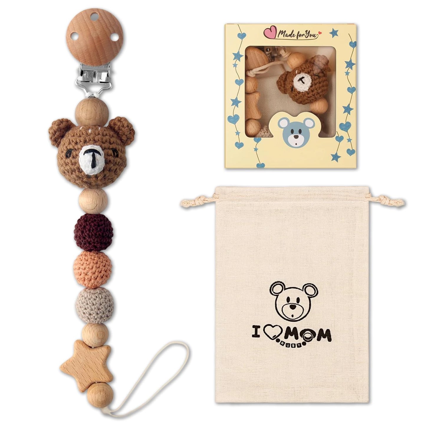 Handgemachte Bär Design Schnullerkette Cup Catcher BPA-frei Sicherheitsgurt für Verstellbarer Kinderwagenkette zum Aufhängen von Trinkbecher Halteriemen für Kinderwagen