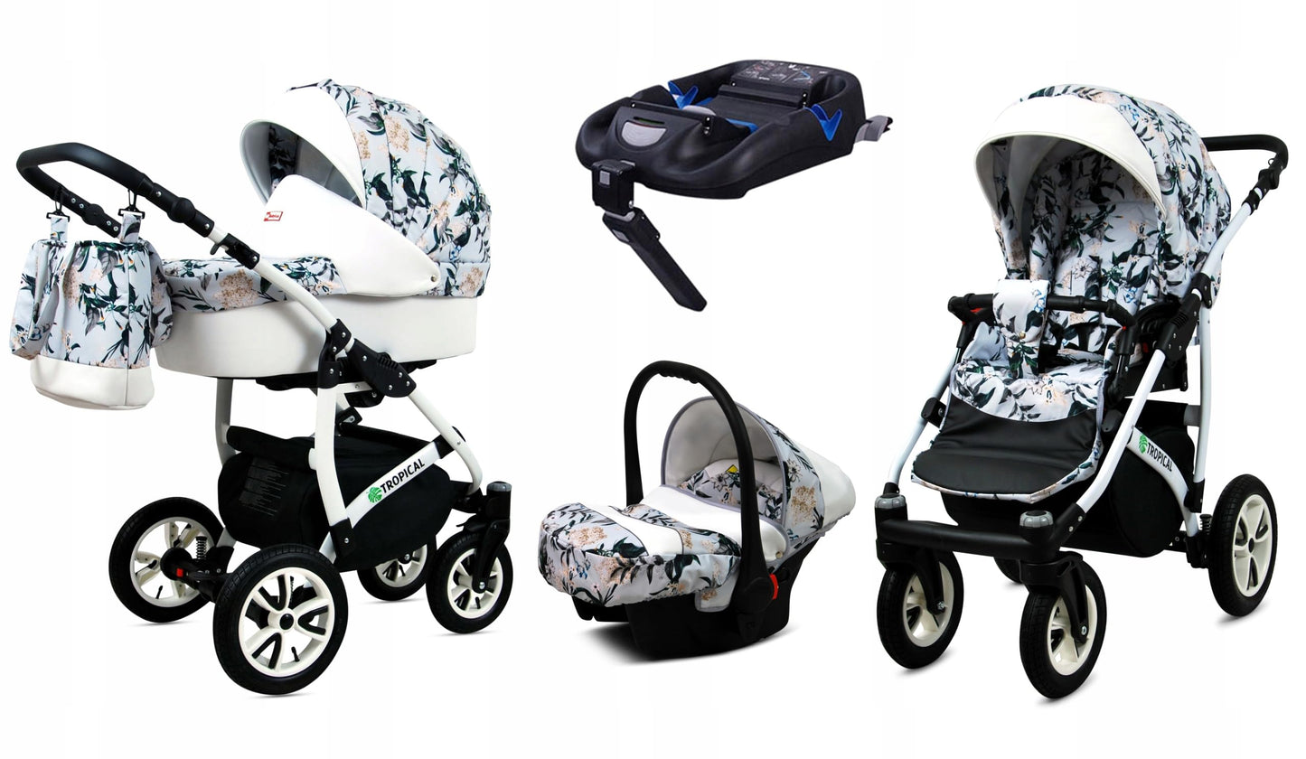 BabyLux® Bambimo Pushchair Set 3 in 1 - Tropical - incl. Baby Carrycot, Buggy Sports Seat, Car Seat - Pram Set - Combination Pram with Changing Bag, Rain Cover etc.