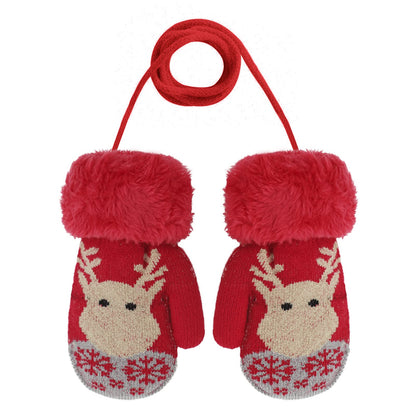 Kids Winter Gloves Mittens Baby Cartoon Mitten Neck Gloves Thick Double Knitted Glove with Plush,0 - 3 years old, Playing, Running, Skiing
