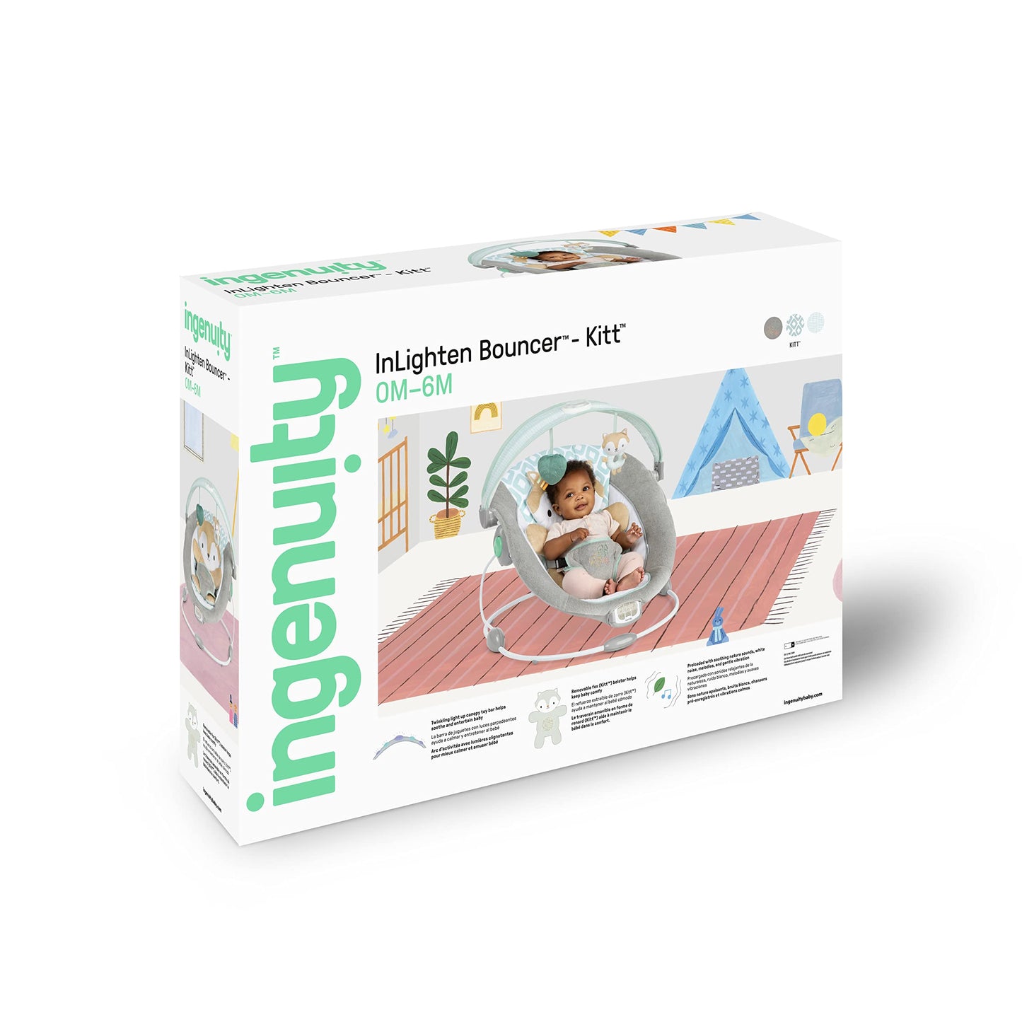 Ingenuity, InLighten Babywippe Babyschaukel mit Lichtern, Nate Bunny, Spielzeugleiste, Vibrationen, Geräuschen, Tummy Time Kissenmatte, bis zu 20 lbs, Neugeborenes+