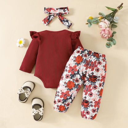 Neugeborenes Baby Mädchen Kleidung Kleinkind Gerippte Rüschen Langarm Strampler + Floral Hosen + Stirnband Nette Herbst Outfit Set