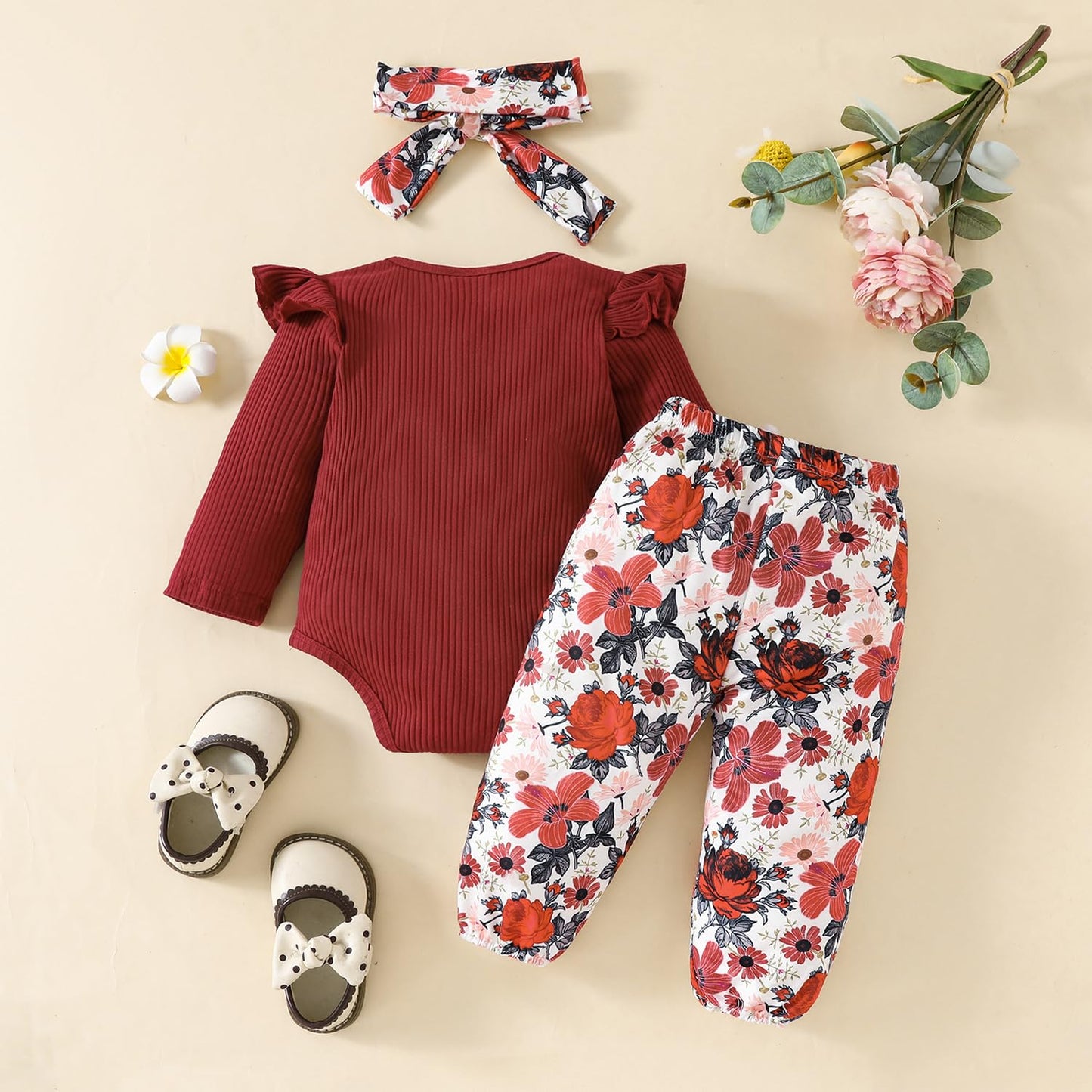 Neugeborenes Baby Mädchen Kleidung Kleinkind Gerippte Rüschen Langarm Strampler + Floral Hosen + Stirnband Nette Herbst Outfit Set