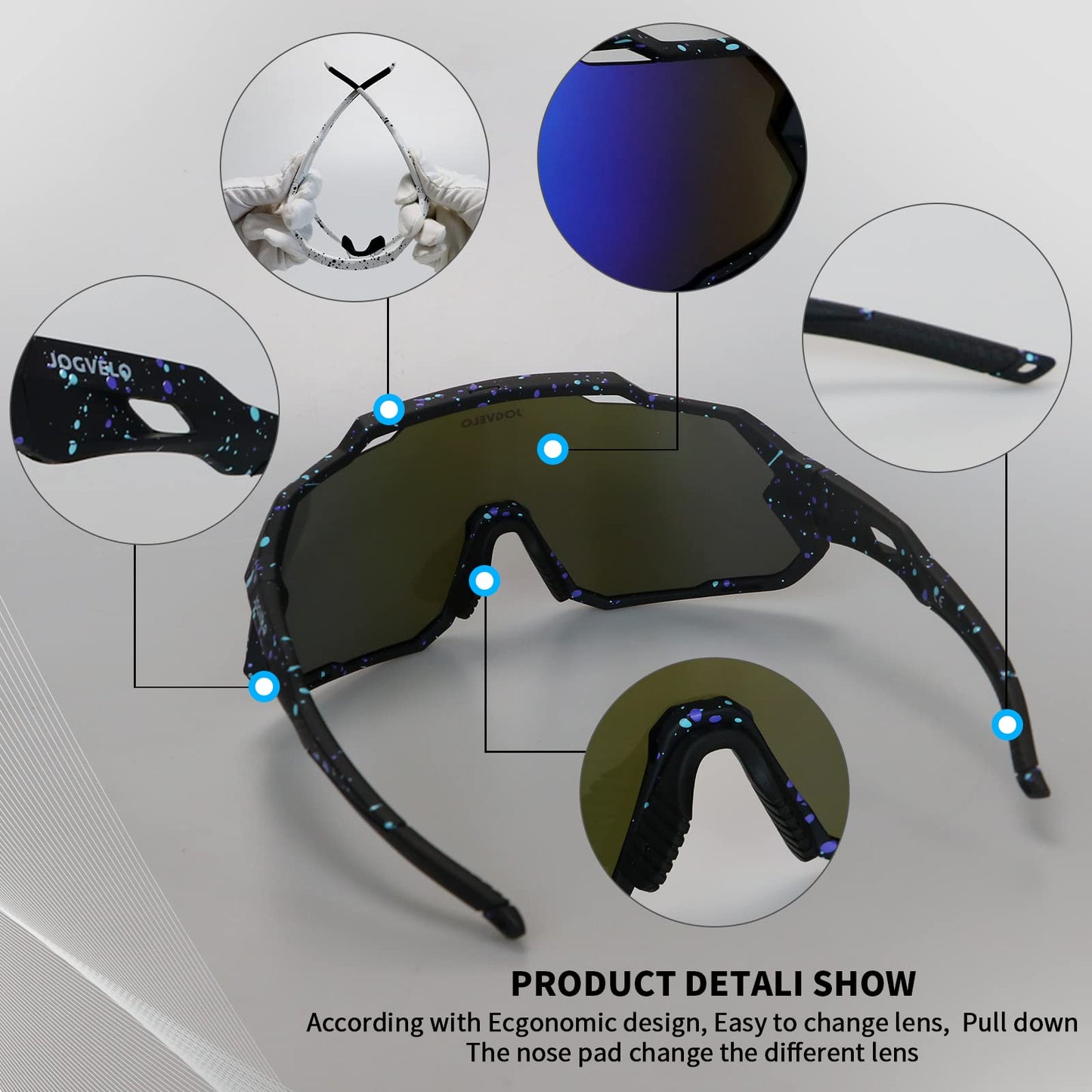 JOGVELO Polarisierte Sonnenbrille, Fahrradbrille Herren Damen mit 3 Wechselgläsern Sportbrillen Radbrille für Radfahren Laufen Angeln