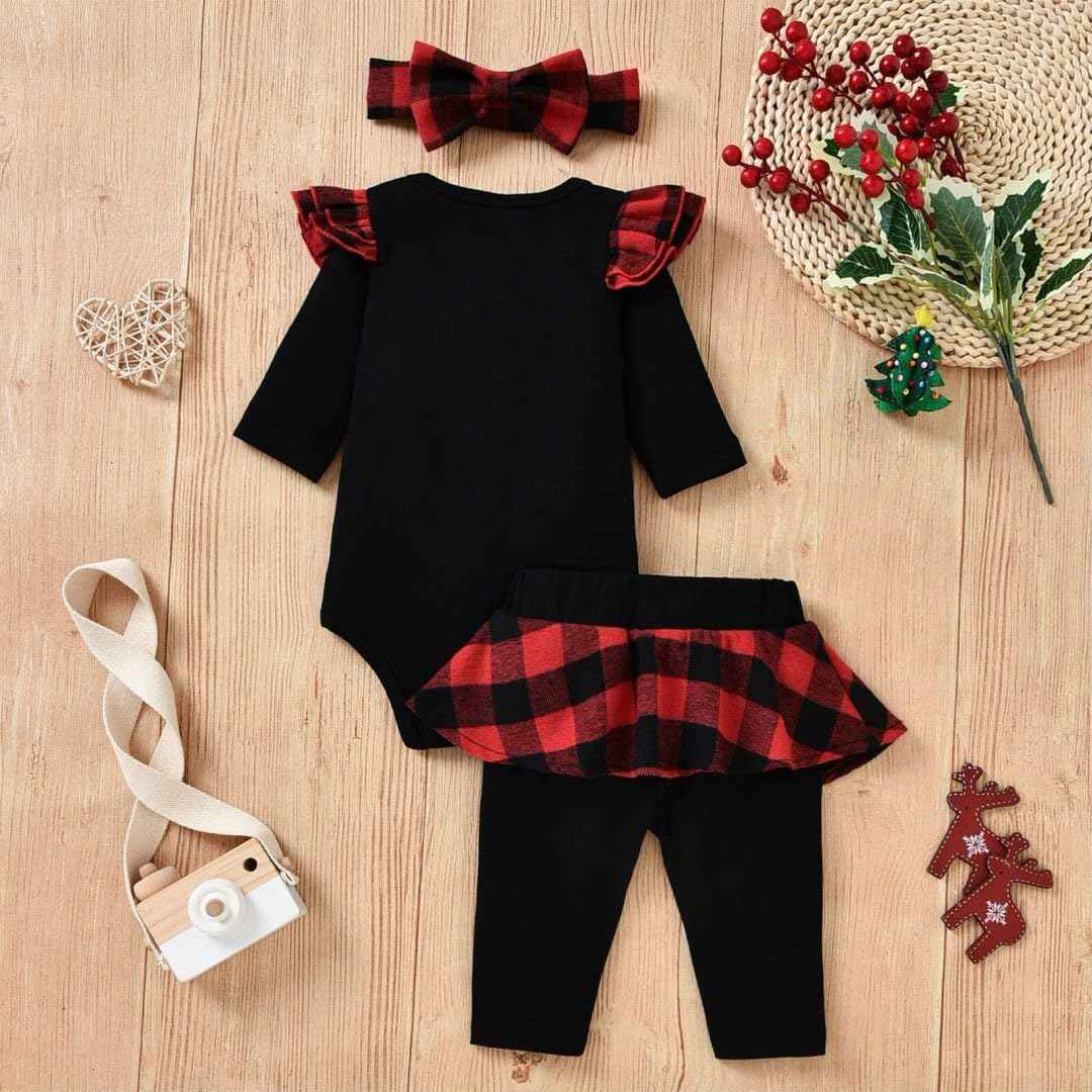 Asmea Baby Christmas Outfit Girls My First Christmas Outfit Newborn Christmas Clothing Christmas Baby Outfit Newborn Set Christmas Clothes Baby Romper + Trousers + Headband 0-18 Months