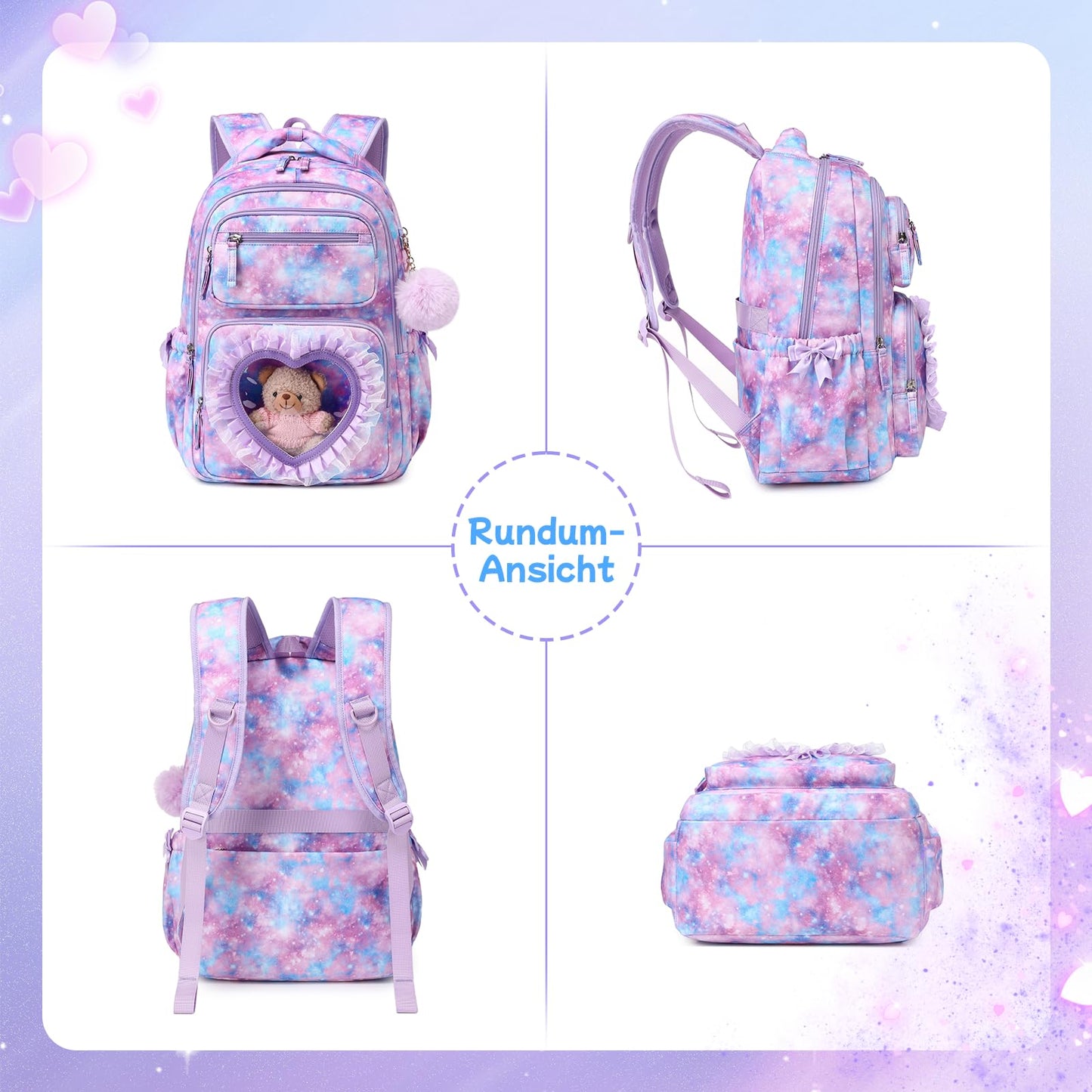 Schulrucksack Mädchen Herzdesign 22L mit Gepäckgurt für Schule | Spitze & Schleifendetails, Ergonomische 3D-Rückenpolsterung, wasserabweisendes Polyester, zahlreiche getrennte Fächer