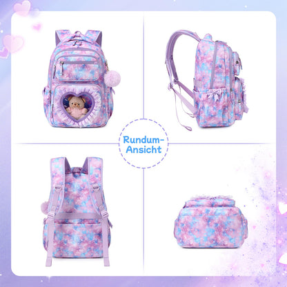 Schulrucksack Mädchen Herzdesign 22L mit Gepäckgurt für Schule | Spitze & Schleifendetails, Ergonomische 3D-Rückenpolsterung, wasserabweisendes Polyester, zahlreiche getrennte Fächer