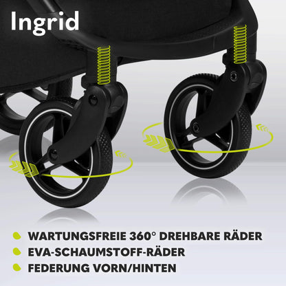 LIONELO INGRID Kinderwagen bis 22 kg von 6 Monaten bis 4 Jahren Große 360° schwenkbare Räder Volle Federung Einhändig zusammenklappbar Verstellbare Rückenlehne und Fußstütze Großes XXL-Verdeck