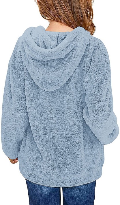 Runcati Girls' Hooded Pullover, Fuzzy Teddy Fleece Sweatshirts with Hood Pockets, Leisure, Warm, Children's Hoodies