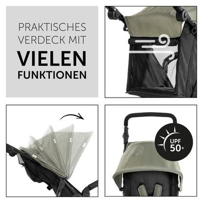 Hauck Runner, Schwarz/Neongelb - Robuster All-Terrain-Pugchair mit Regenschutz, XL Pneumatische Lufträder, verstellbare Rückenlehne von Geburt bis zu 22 kg, höhenverstellbarer Griff, XL Mesh-Fenster