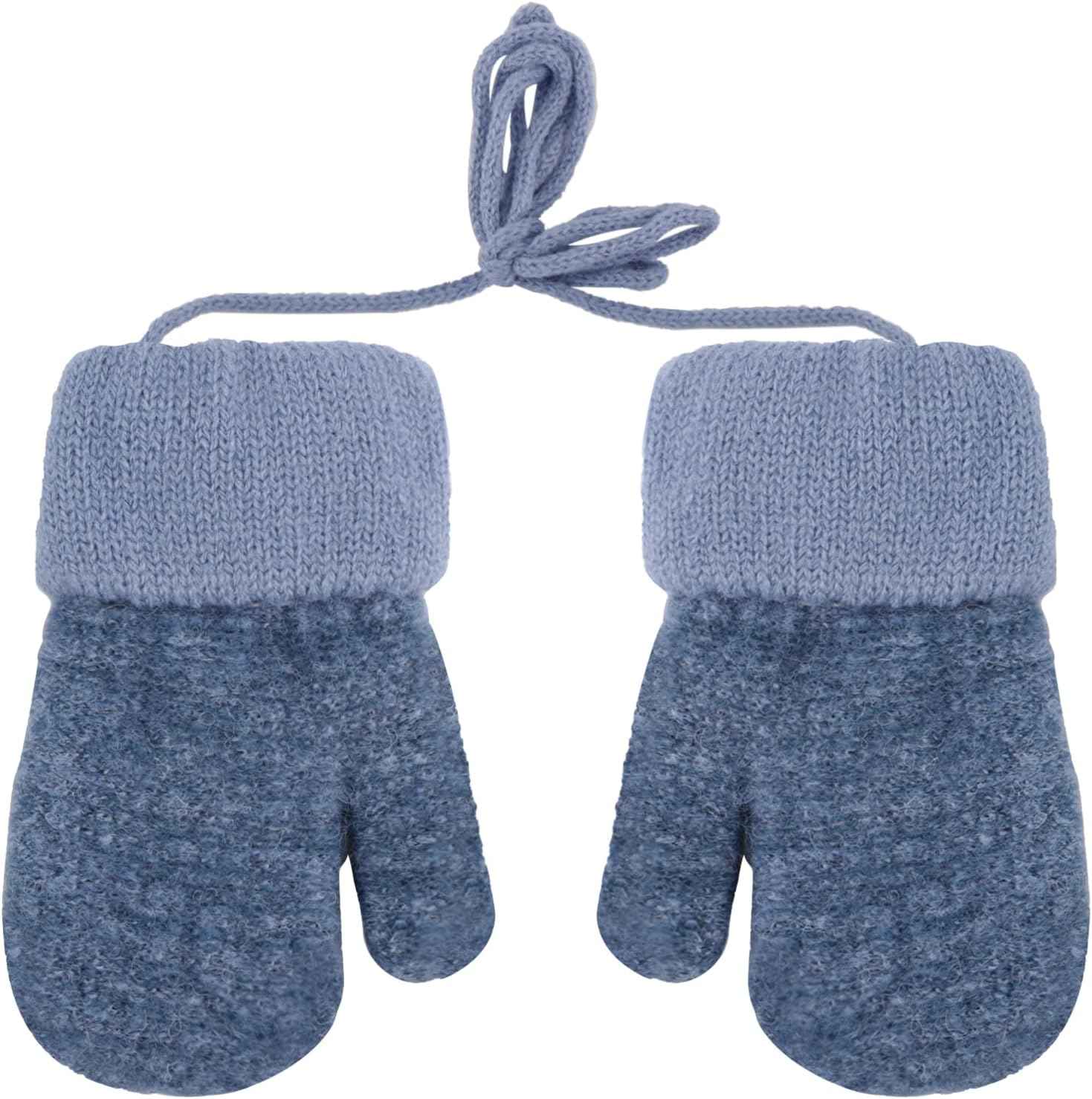 Dumhuts Baby Gloves Mittens Winter for 0-3 Years, Children's Warm Knitted Gloves with Plush Lining and Lanyard, Gloves Children for Outdoor Activities and Daily Use, Blue