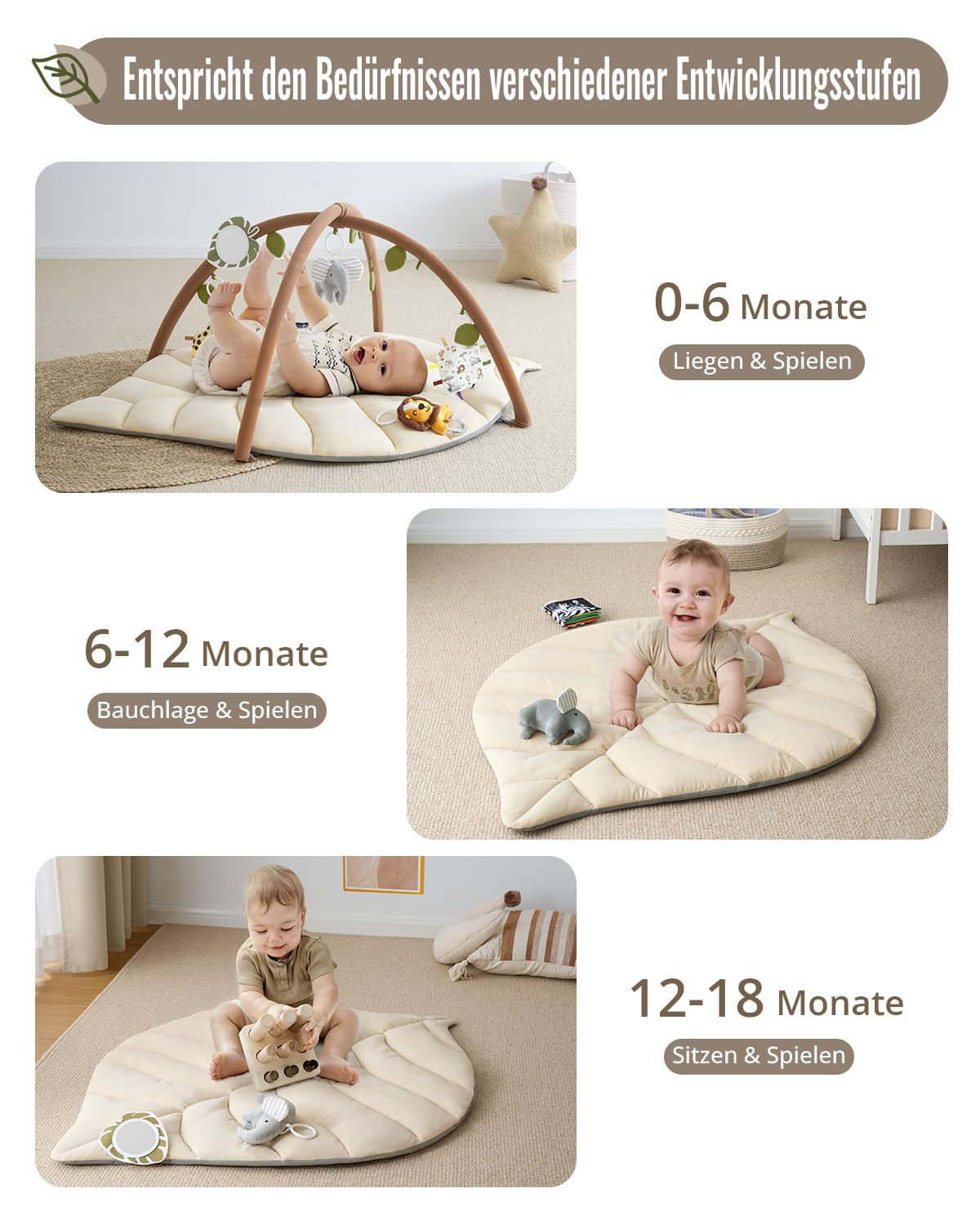 Blissful Diary Spielbogen Baby, Übergroßes Blattförmiges Spieldecke Baby Gym Activity Decke mit 6 Abnehmbare Spielzeuge, krabbeldecke Unverzichtbare Babygeschenke, Waldgrün