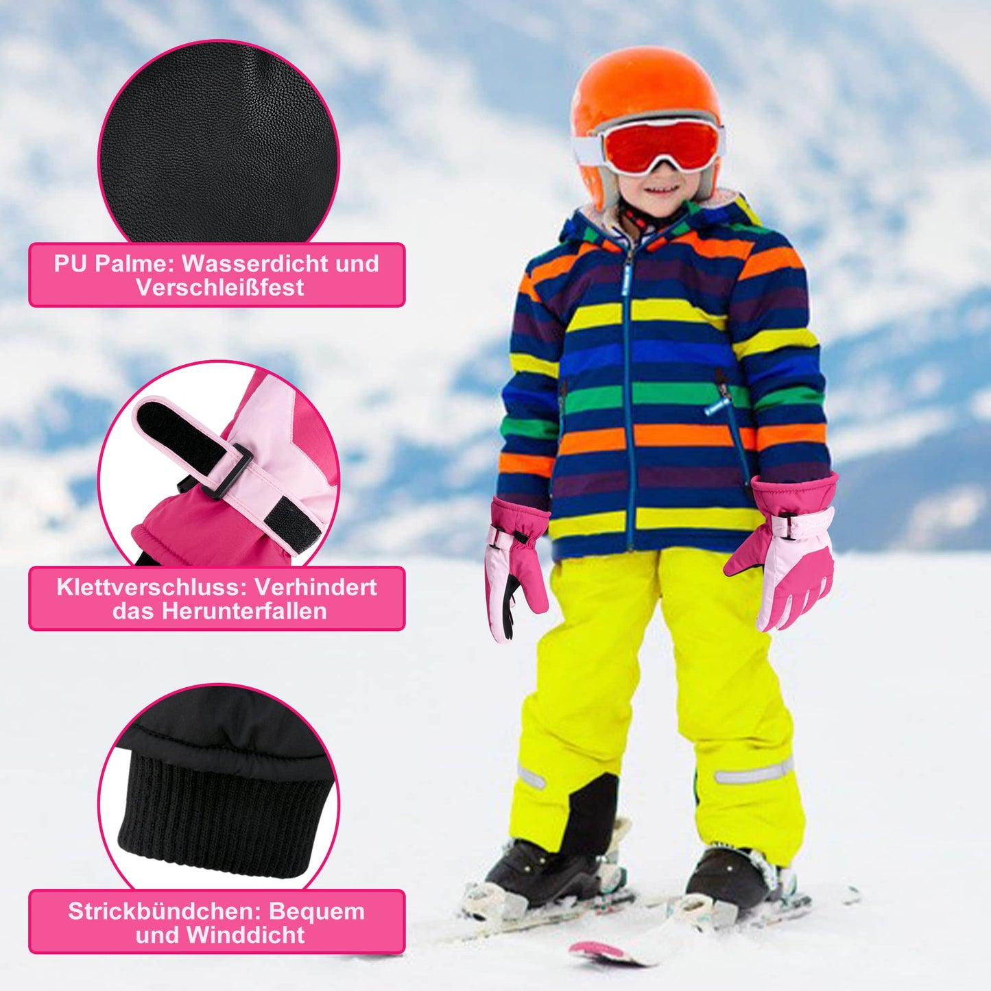 ThxToms Children's Ski Gloves, Winter Snow Ski Gloves, -15°C, Windproof, Waterproof, Warm, PU Thickened Cold Weather, Outdoor Sports, Snowboarding, Skiing, Bike, for Boys and Girls aged 3-13 Years Old