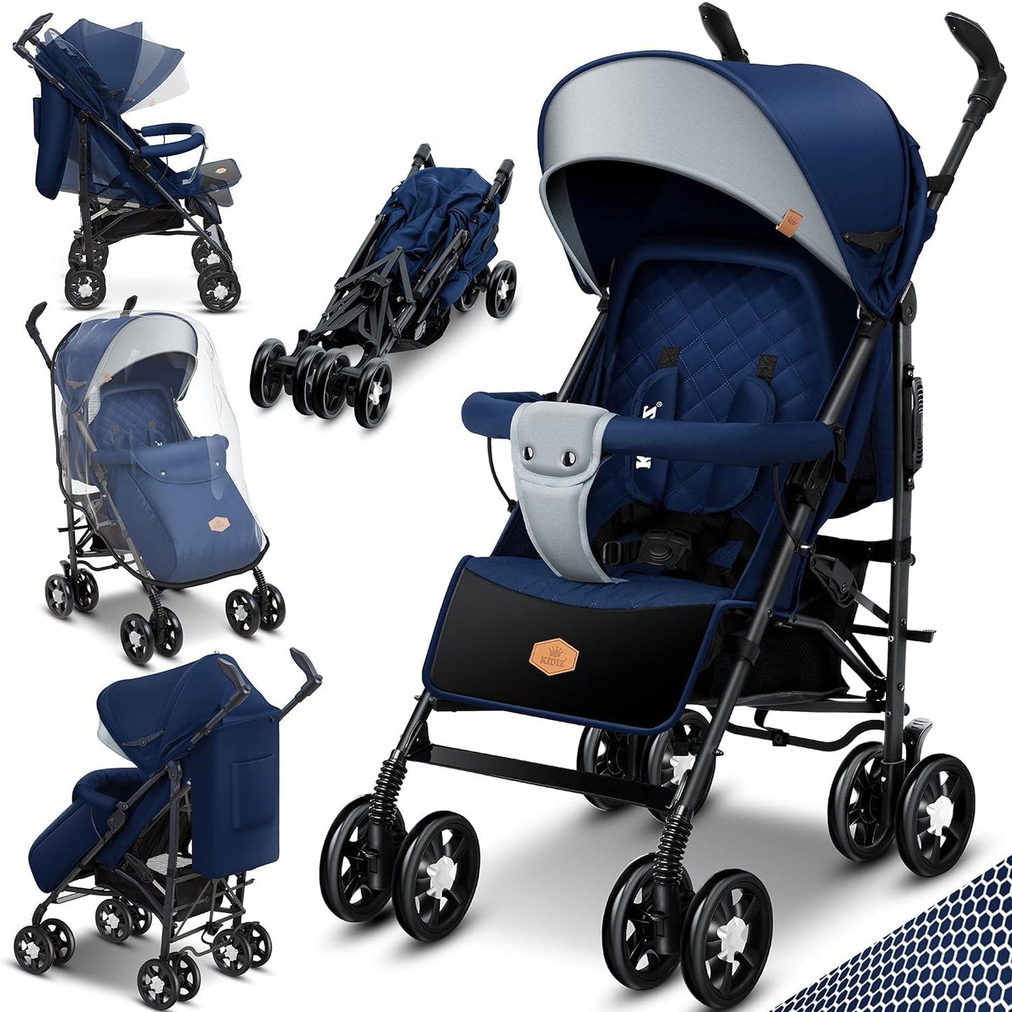 KIDIZ® City-Pro Pushchair Folding Pushchair Pushchair Sports Pushchair Foldable 360° 6 Inch Wheels Includes Mosquito Net, Footmuff and Rain Cover Foldable Sleep Function Blue 