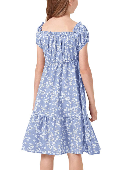 Haloumoning Mädchen Kleider Eckiger Ausschnitt Blumenkleid Kleider Sommer Puffärmel A-Linie Midikleid Kinder Partykleid