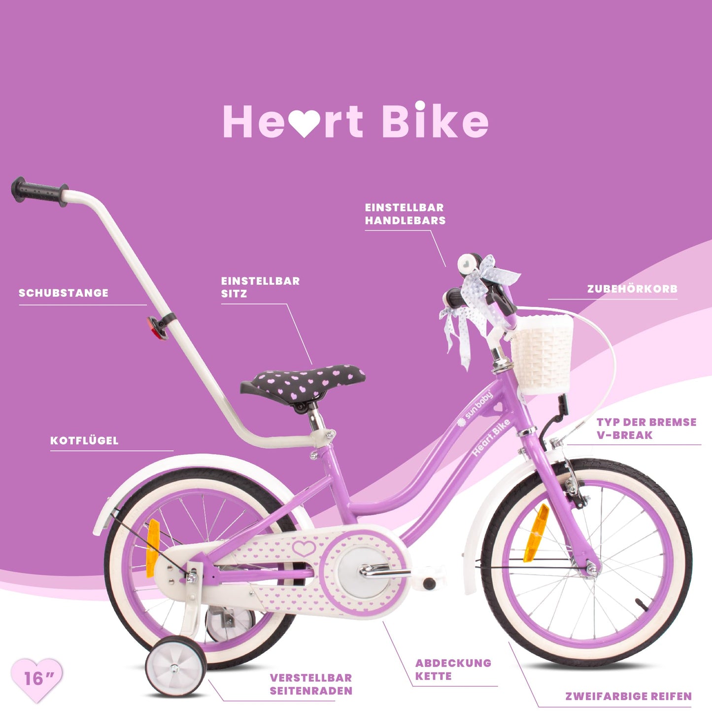 sun baby Mädchenfahrrad 12, 14 und 16 Zoll Radgröße Heart Bike zur Auswahl, mit Abnehmbarer Schubstange, Kinderfahrrad für Mädchen von 2 bis 6 Jahre