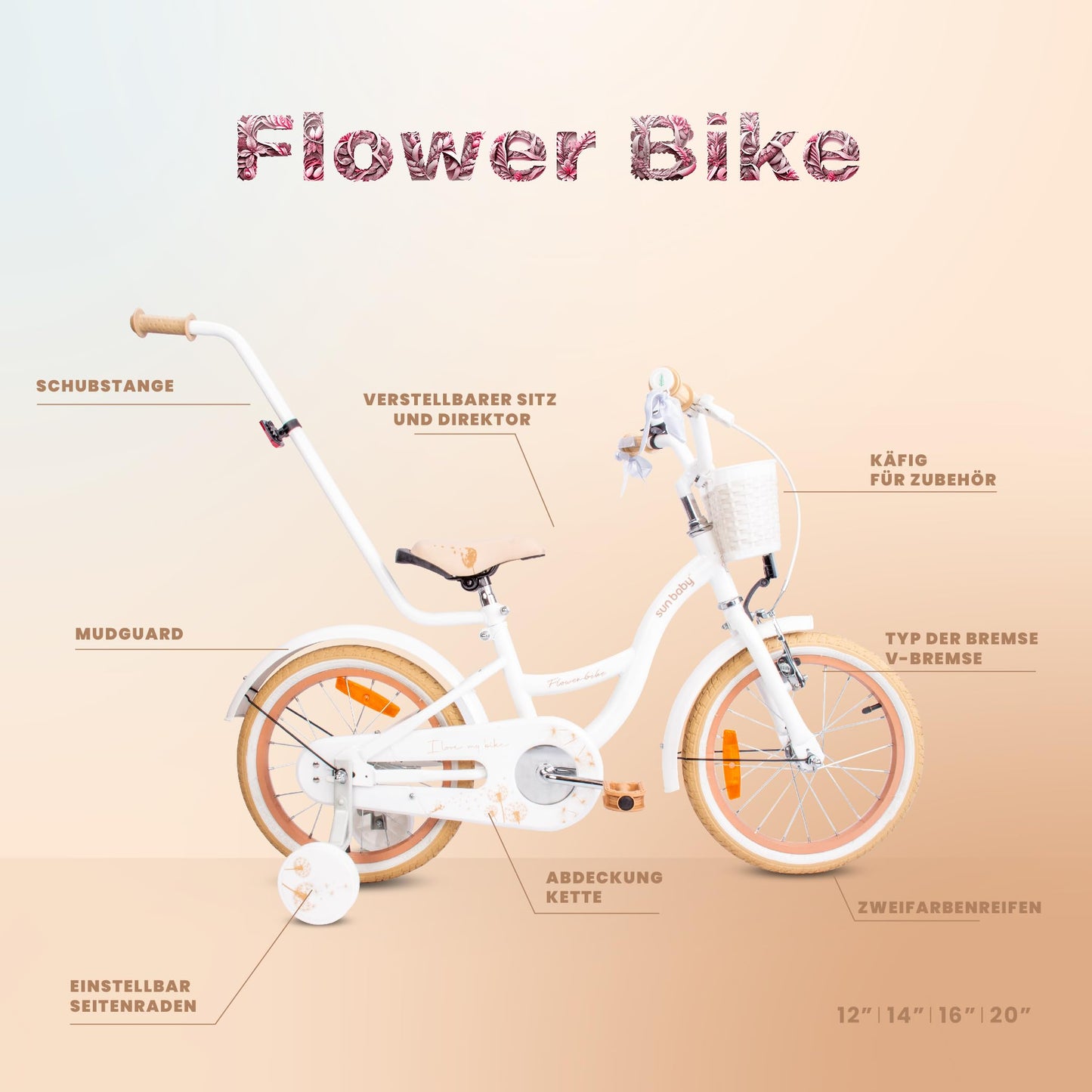 sun baby Mädchenfahrrad Flower Bike Radgröße zur Auswahl, mit Abnehmbarer Schubstange, Kinderfahrrad für Mädchen von 2 bis 6 Jahre