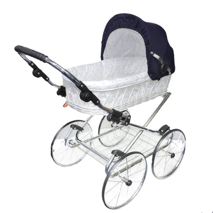 EICHHORN Kinderwagen Wicker Basket Doll's Pram Retro Toy Classic (Basket Natural, Fabric Navy Blue)