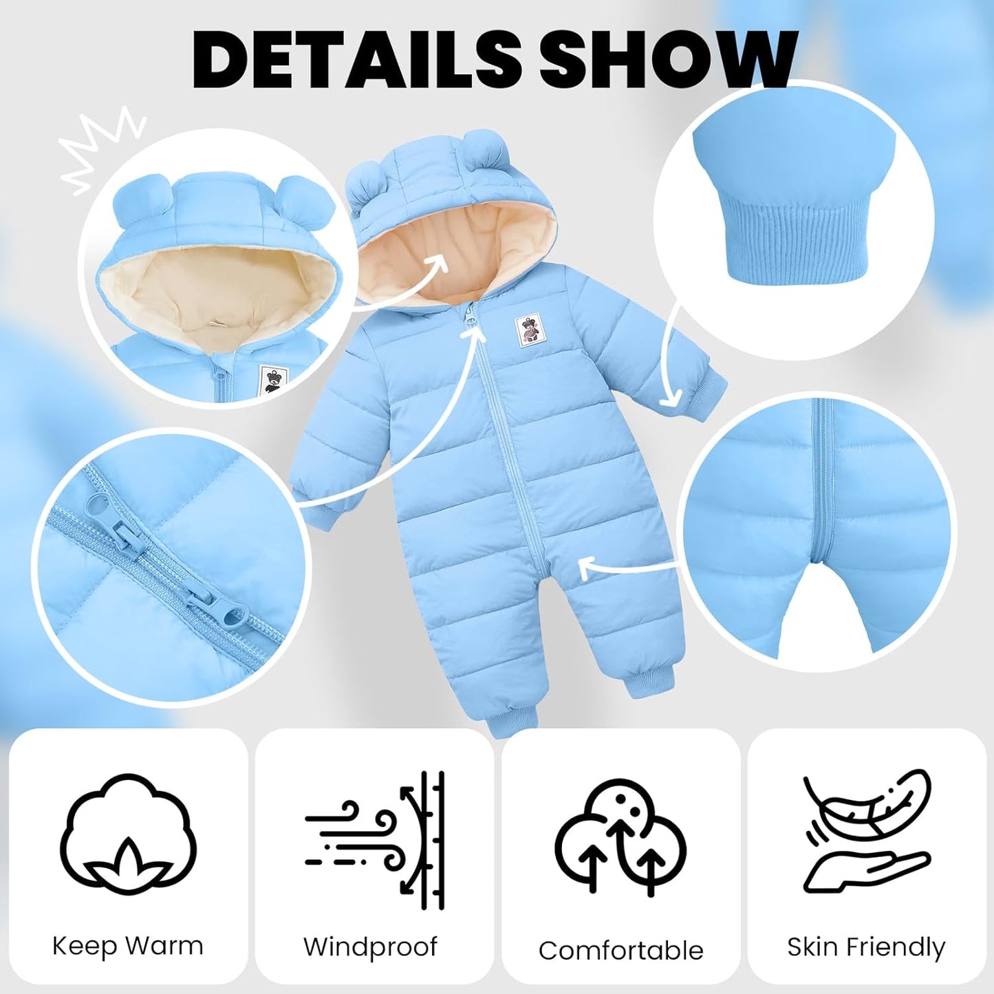 Minizone Baby Winter Jumpsuit with Hood, Romper Snowsuit Boys and Girls, Long-Sleeve Jumpsuit, Warm Outfits, Gift, 6-9 Months, 80 cm, Black