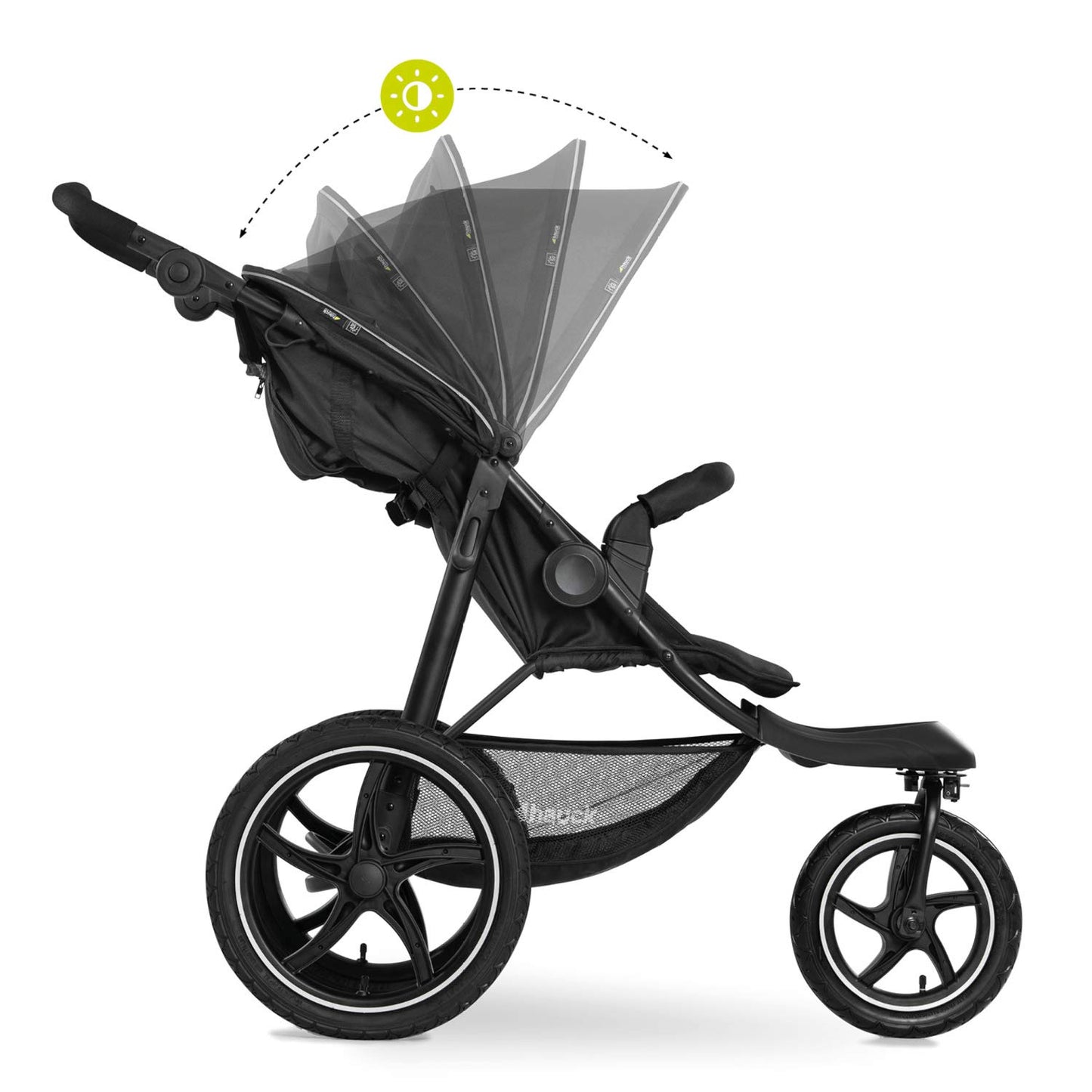 Hauck Runner, Schwarz/Neongelb - Robuster All-Terrain-Pugchair mit Regenschutz, XL Pneumatische Lufträder, verstellbare Rückenlehne von Geburt bis zu 22 kg, höhenverstellbarer Griff, XL Mesh-Fenster