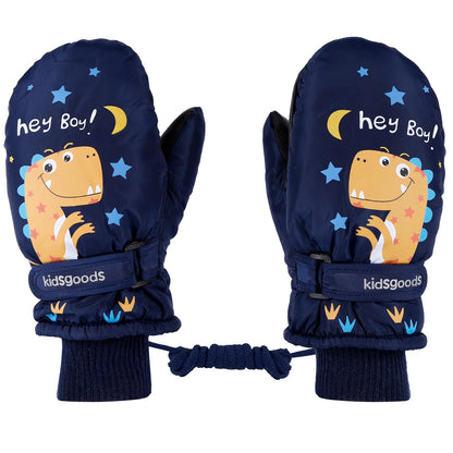 KAKU NANU Children's Winter Gloves 2-10 Years Ski Gloves Waterproof Warm Fleece Cartoon Children's Gloves Mittens with Cord Outdoor Snowboard Gloves Children Boys Girls Blue Red Pink Purple
