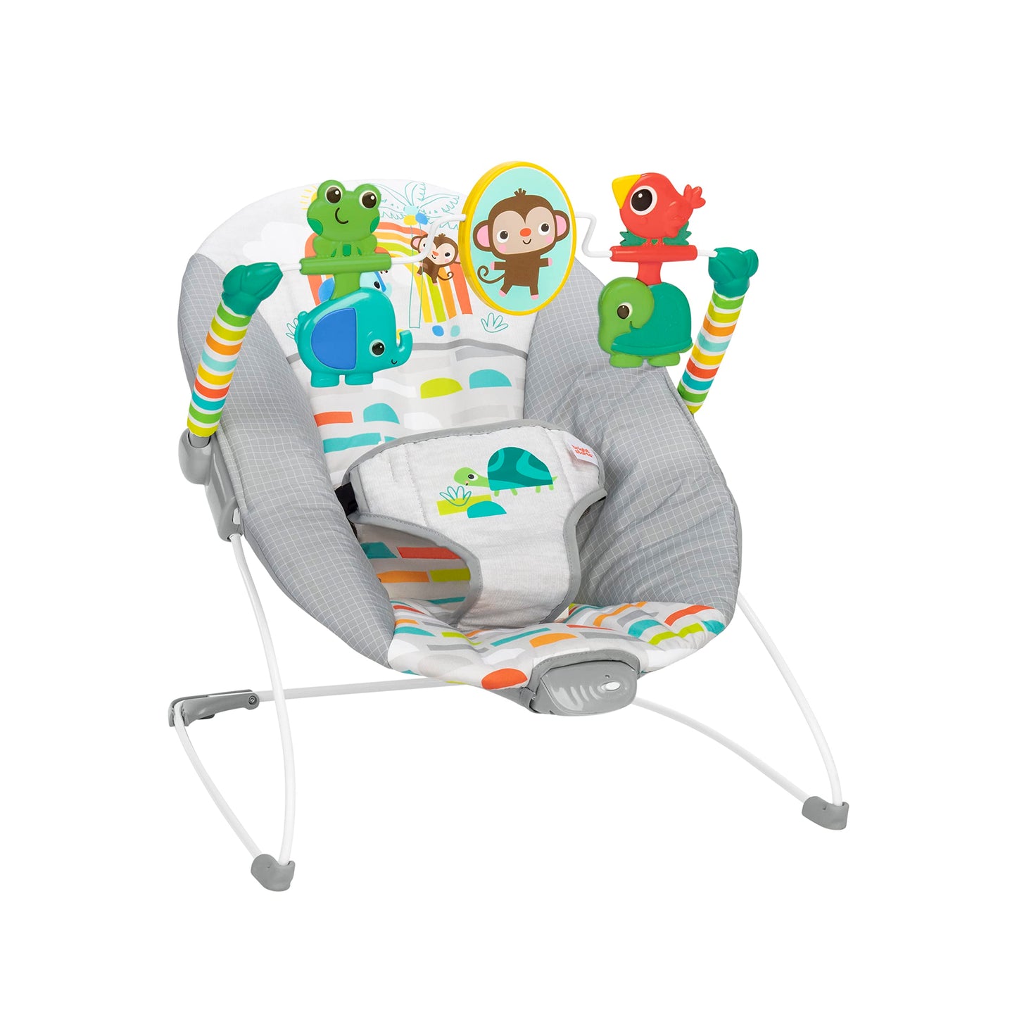 Bright Starts, Babywippe Babyschaukel Safari Fun mit Beruhigenden Vibrationen, Spielbogen mit 2 Spielzeugen, 3-Punkte-Gurt Sitz, Maschinenwaschbares Sitzpolster, ab der Geburt bis 9kg