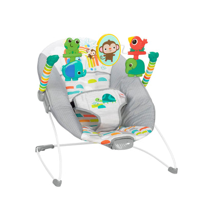 Bright Starts, Babywippe Babyschaukel Safari Fun mit Beruhigenden Vibrationen, Spielbogen mit 2 Spielzeugen, 3-Punkte-Gurt Sitz, Maschinenwaschbares Sitzpolster, ab der Geburt bis 9kg