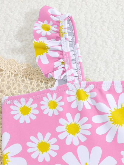 JiAmy Einteiliger Mädchen Badeanzug Blumenmuster Rüschen Elastischen Trägern Ärmellos Kleinkinder Schwimmkleidung für 2–7 Jahre/92-122