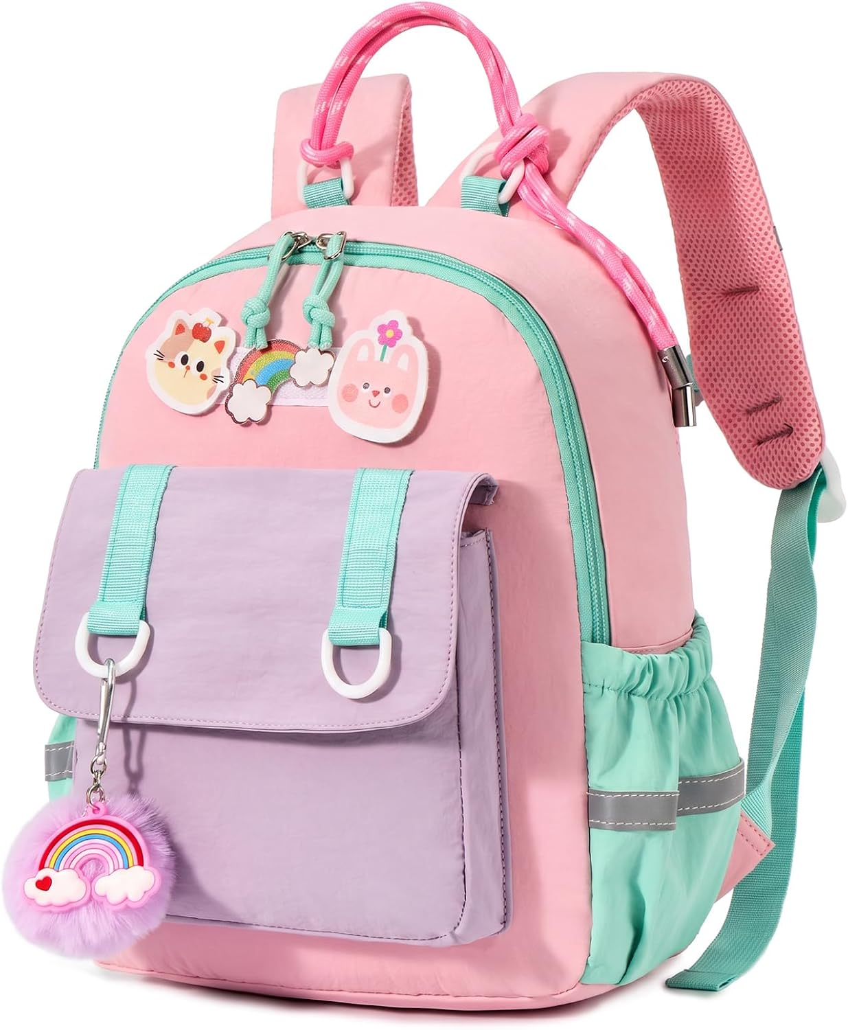 PROTAURI Kindergartenrucksack Mädchen 3-7 Jahre 11.6L Katze Hase, Rosa | mit Brustgurt reflektierend wasserabweisend leicht atmungsaktiv ergonomisch DIN A4 3D Patches 3D Tier Design