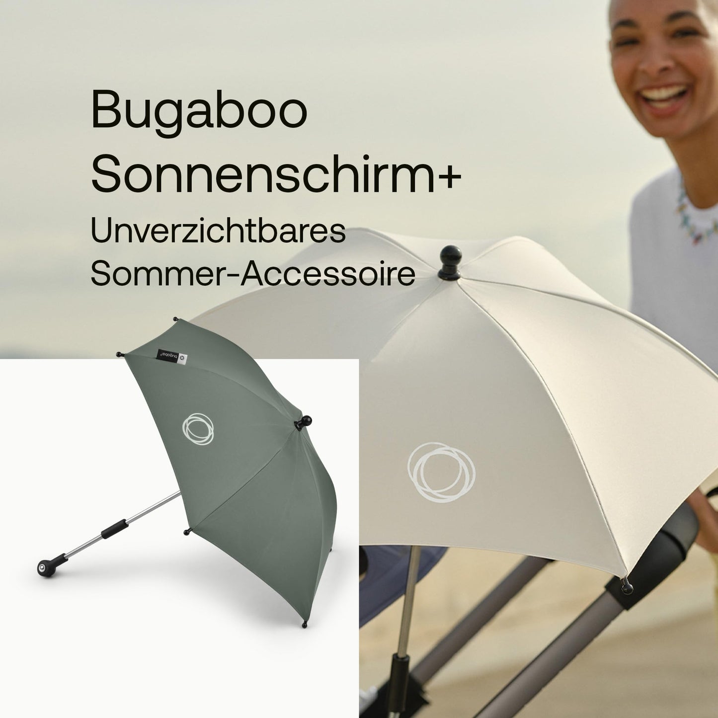 Bugaboo Sonnenschirm+, kompatibel mit allen Bugaboo Kinderwagen, mit UPF 50+ Schutz gegen UV-Strahlen, große Schattenfläche, Verbindung mit einem Klick & leicht verstellbarer Mechanismus, Desert Taupe