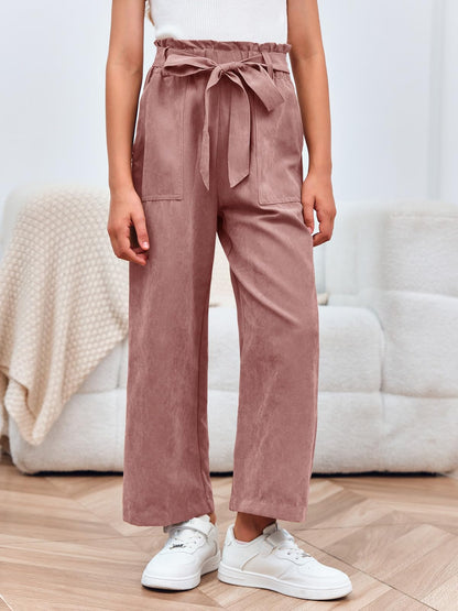 Haloumoning Mädchen Weite Hose Palazzo Hohe Taille Mode Bootcut Elastische Paperbag Freizeithose mit Gürtel