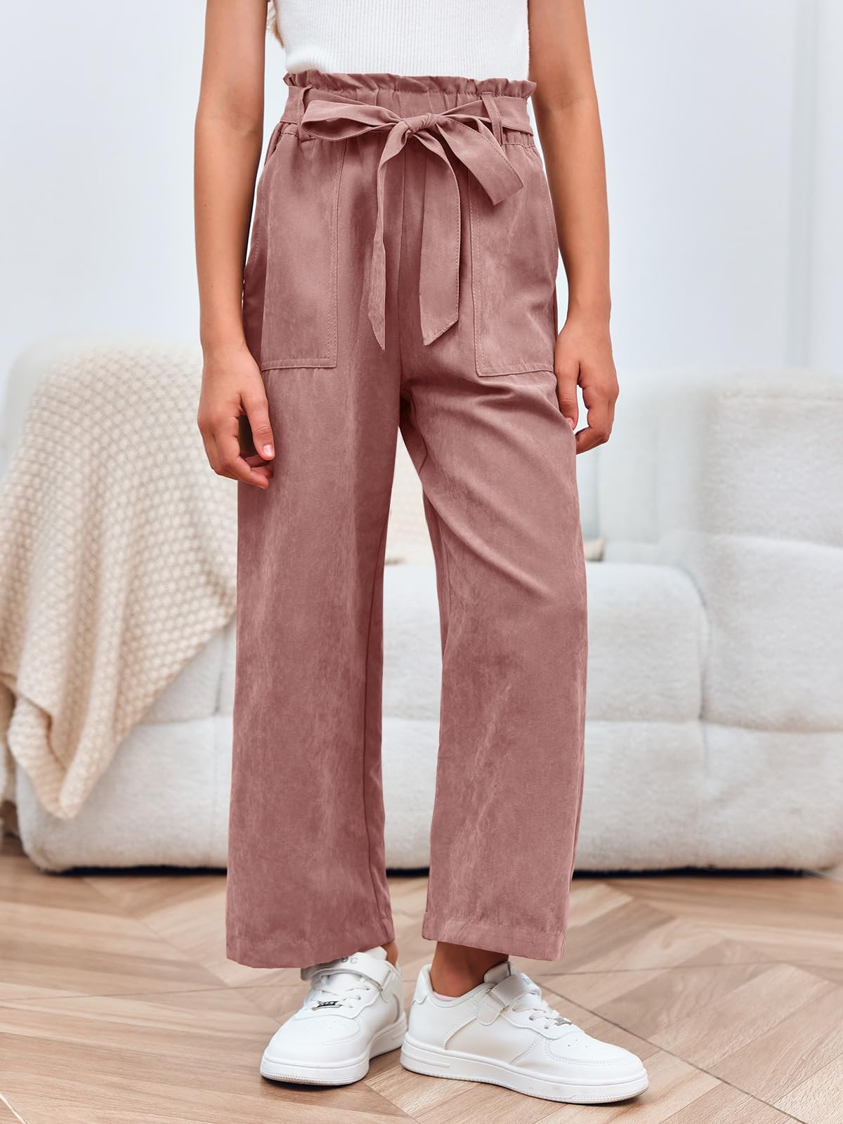 Haloumoning Mädchen Weite Hose Palazzo Hohe Taille Mode Bootcut Elastische Paperbag Freizeithose mit Gürtel