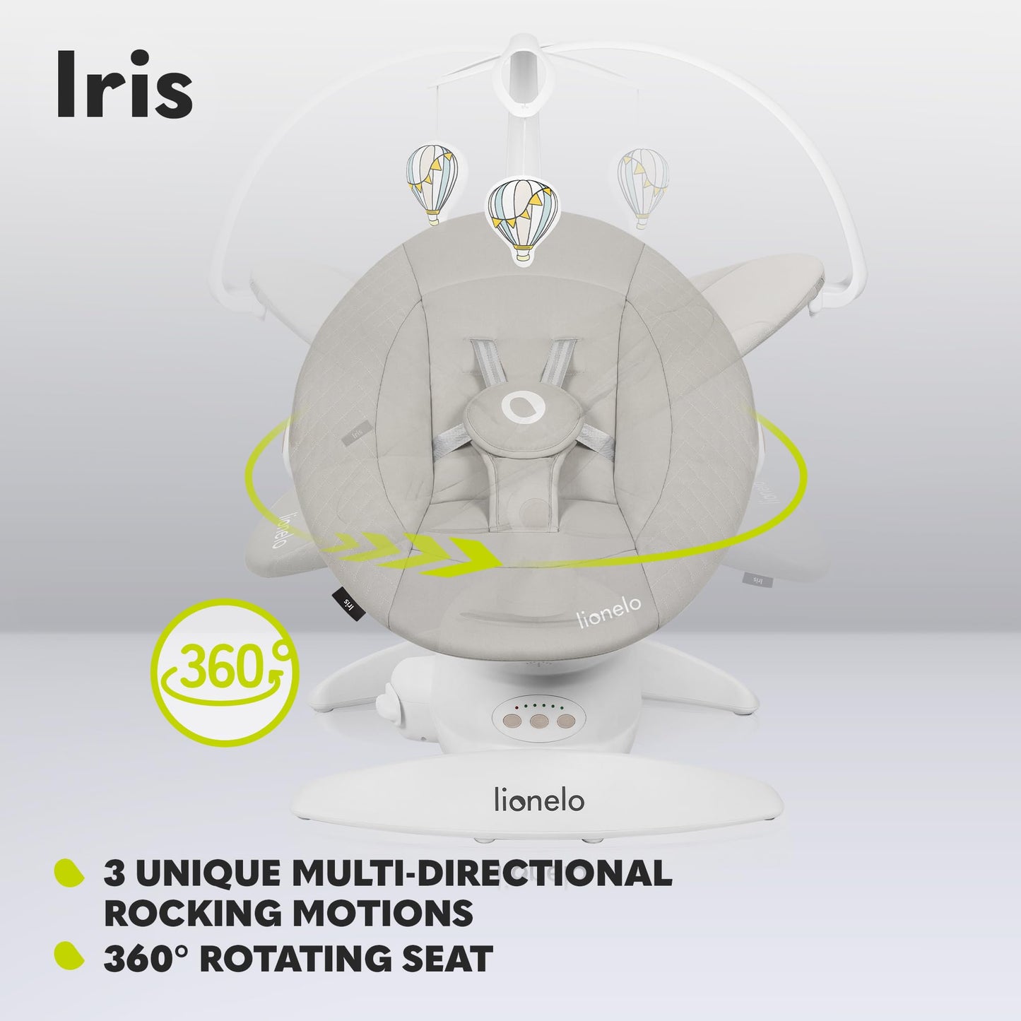 LIONELO Iris Electric Baby Rocker 360° Rotatable for Babies up to 9 kg Adjustable Backrest, 5 Weighing Speeds, Non-Slip Safety Belt, 12 Melodies Hanger with Toy Remote Control
