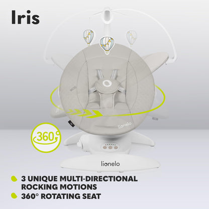 LIONELO Iris Electric Baby Rocker 360° Rotatable for Babies up to 9 kg Adjustable Backrest, 5 Weighing Speeds, Non-Slip Safety Belt, 12 Melodies Hanger with Toy Remote Control