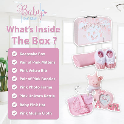 Box Shop Babyparty Mädchen Geschenk - 7 Baby Geschenkset, Für Neugeborenes, Zur Geburt - Rosa