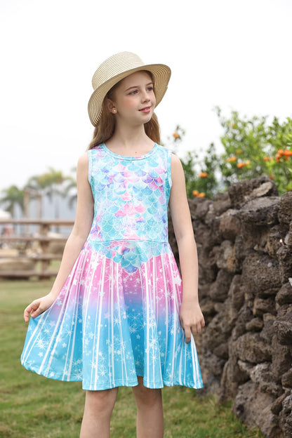 kids4ever Mädchen Kleid Ärmellos Sommerkleid Rundhals A-Linie Swing Kleid Meerjungfrau Galaxie Prinzessin Party Geburtstag 4-12 Jahre