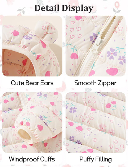 Happy Cherry Winter Jacket Baby Boys Girls Winter Coat with Hood Quilted Jacket Warm Lightweight Down Jacket Winter Cute Printed Outerwear 