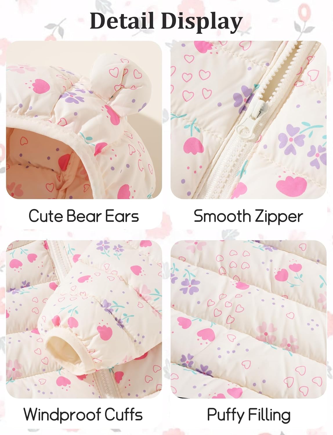 Happy Cherry Winter Jacket Baby Boys Girls Winter Coat with Hood Quilted Jacket Warm Lightweight Down Jacket Winter Cute Printed Outerwear 