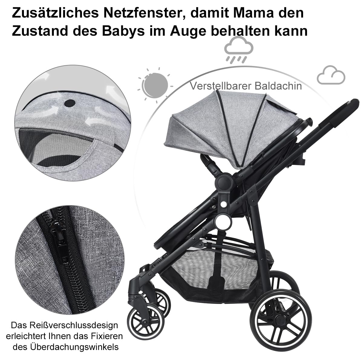 DREAMADE Kinderwagen klappbar, 3 in 1 Buggy mit umkehrbarem Sitz, Verdeck, Aufbewahrungskorb, Becherhalter & 5-Punkt-Sicherheitsgurt, Reisebuggy für Baby 0-6 Monate (Schwarz)