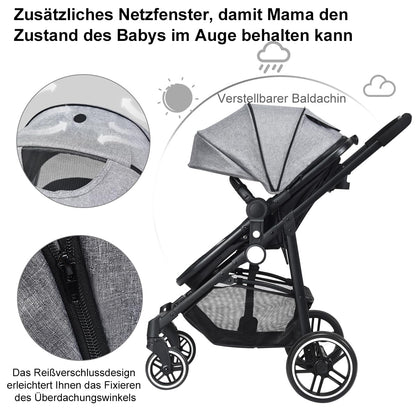 DREAMADE Kinderwagen klappbar, 3 in 1 Buggy mit umkehrbarem Sitz, Verdeck, Aufbewahrungskorb, Becherhalter & 5-Punkt-Sicherheitsgurt, Reisebuggy für Baby 0-6 Monate (Schwarz)