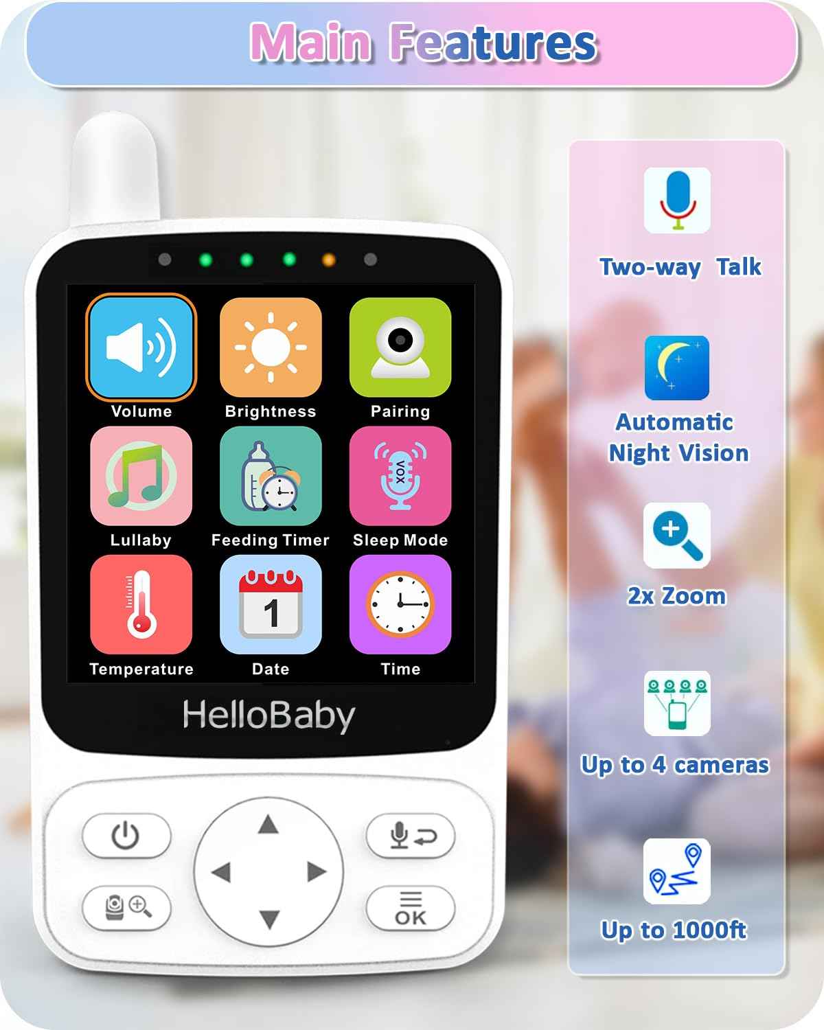 HelloBaby Baby Monitor with Camera, 29 Hours Battery Life, 355°/120° Baby Monitor with Remote Controlled Pan-Tilt Camera, 2x Zoom, Infrared Night Vision Camera, Eco Mode, Up to 305 m, 2-Way Audio