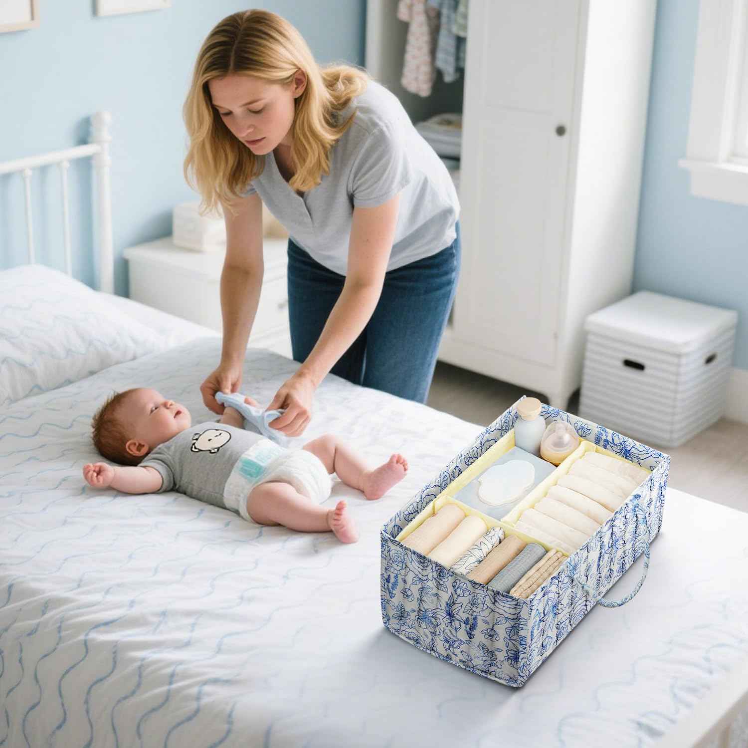 Changing Table Organiser, Baby Changing Table Organiser, Nappy Bag with Compartments and Handles, Newborn Baby Essentials, Gift Basket for Changing Children, Storage Basket for Changing Table
